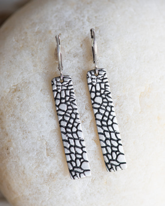 Reptile Texture Long Lever Back Earrings in Sterling Silver
