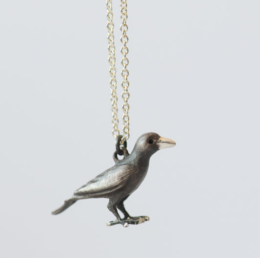 Raven pendant on a chain against a light gray background