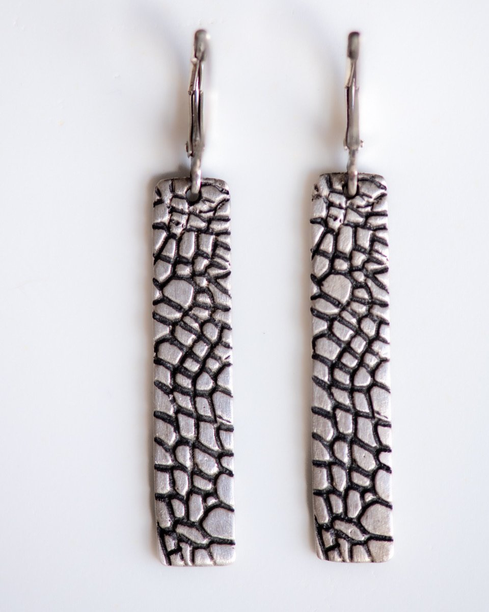 Reptile Texture Long Lever Back Earrings in Sterling Silver