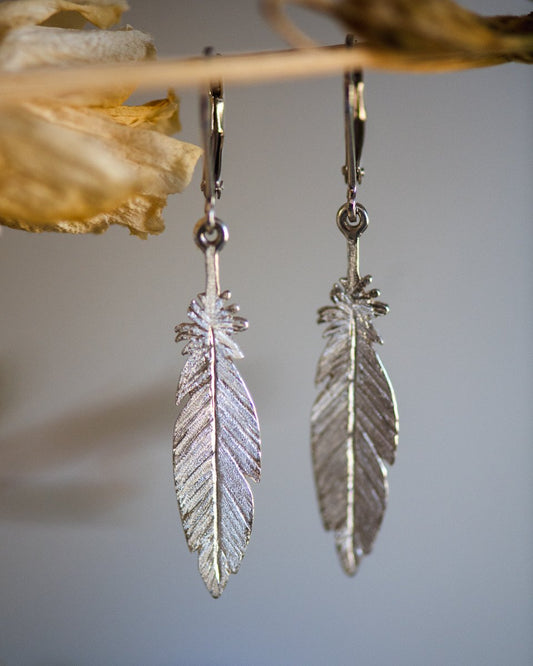 Feather Leverback Earrings in Sterling Silver