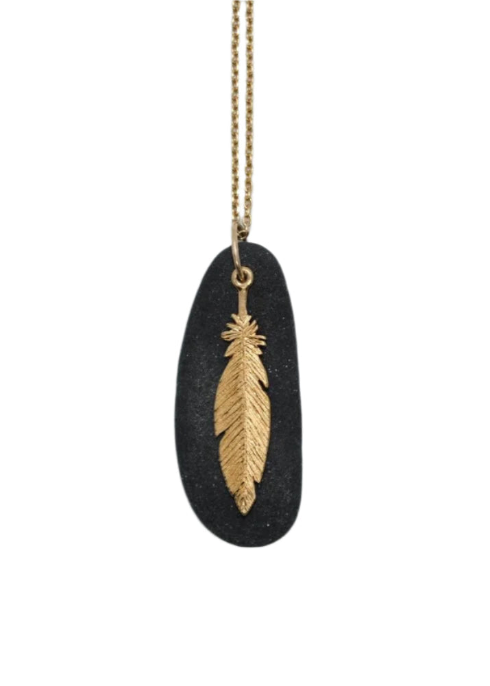 18K Gold Feather & Hudson River Rock Pendant