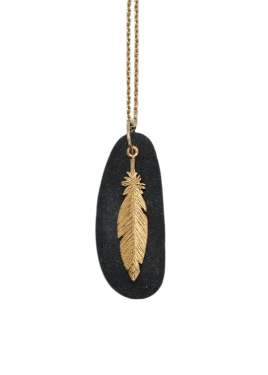 18K Gold Feather & Hudson River Rock Pendant