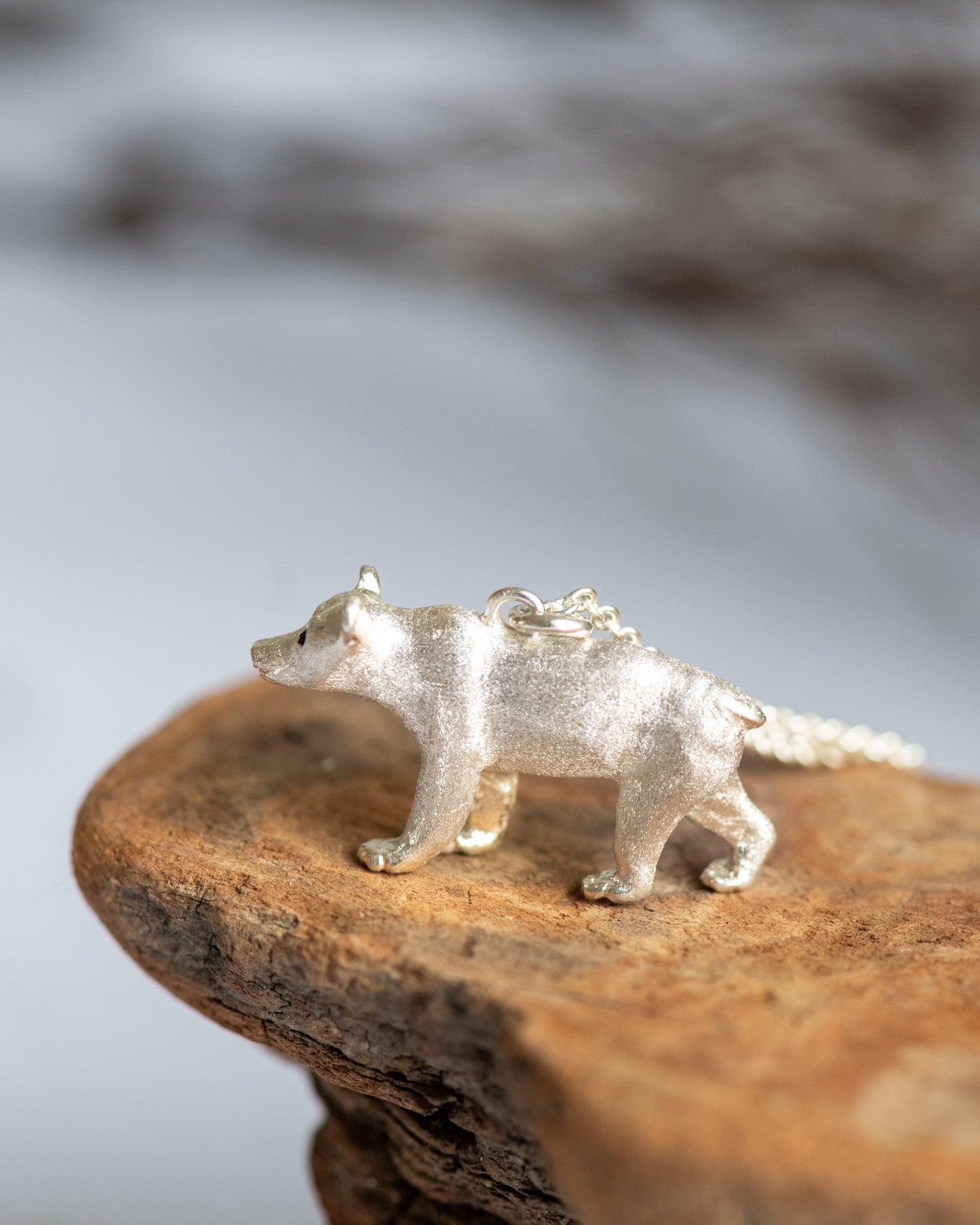 Silver bear-shaped pendant on a wooden surface with a blurred natural background