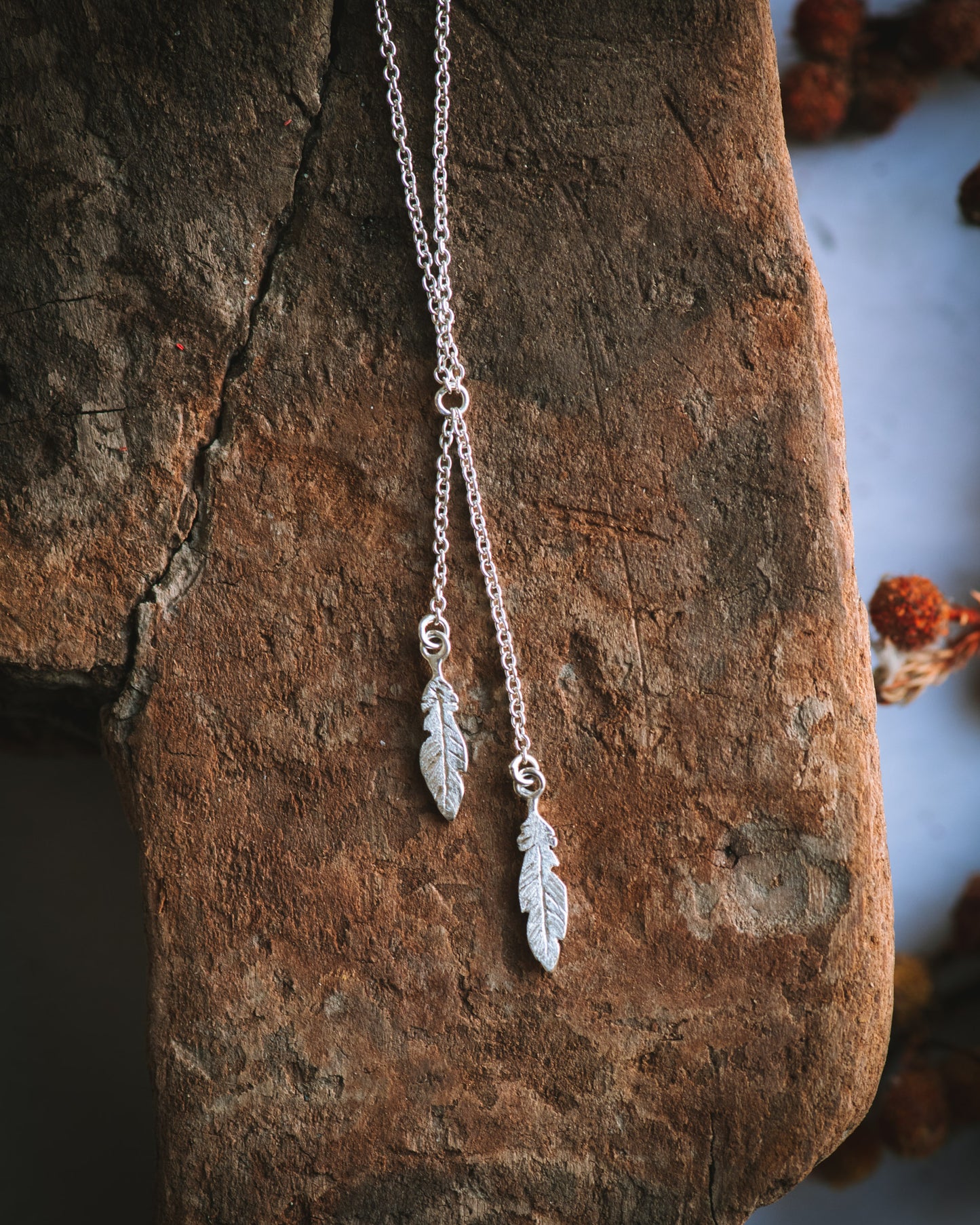 Feather Lariat Necklace in Sterling Silver