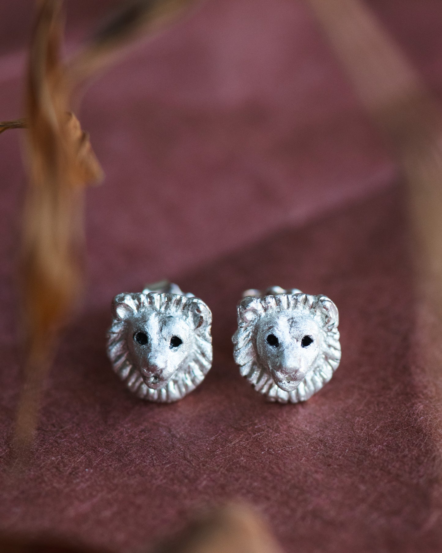 Lion Head Stud Earrings in Sterling Silver