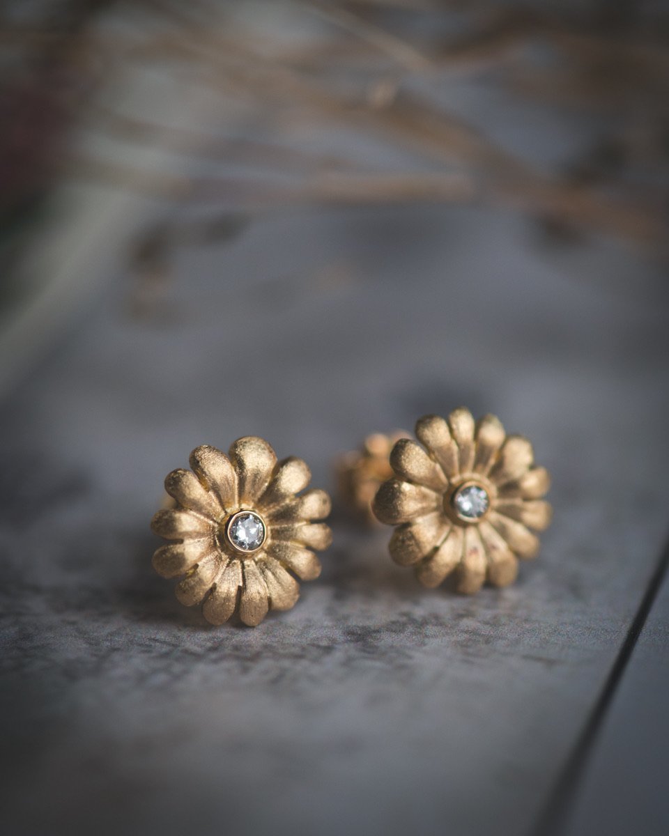 18K Gold Diamond Daisy Stud Earrings