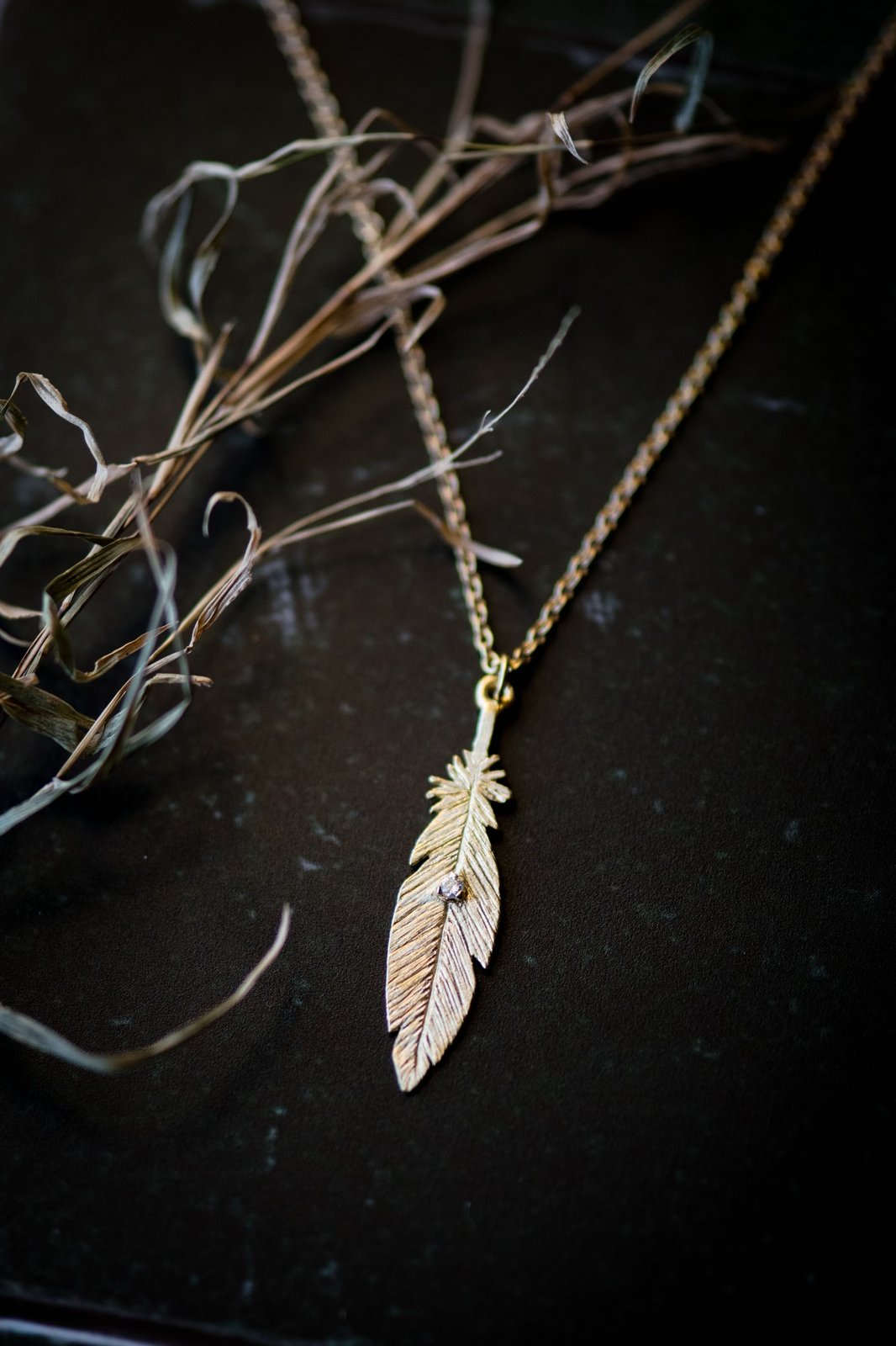 18K Gold Feather Diamond Necklace