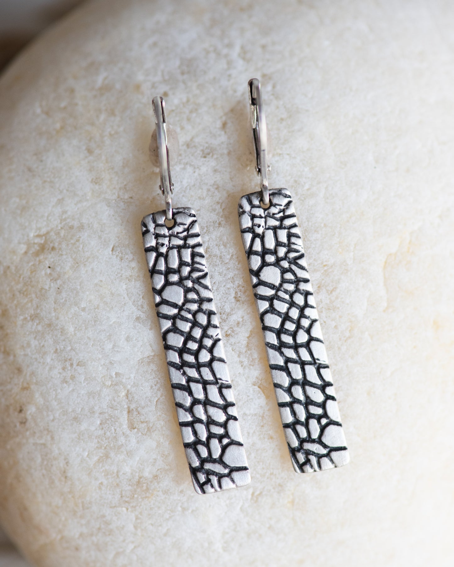 Reptile Texture Long Lever Back Earrings in Sterling Silver