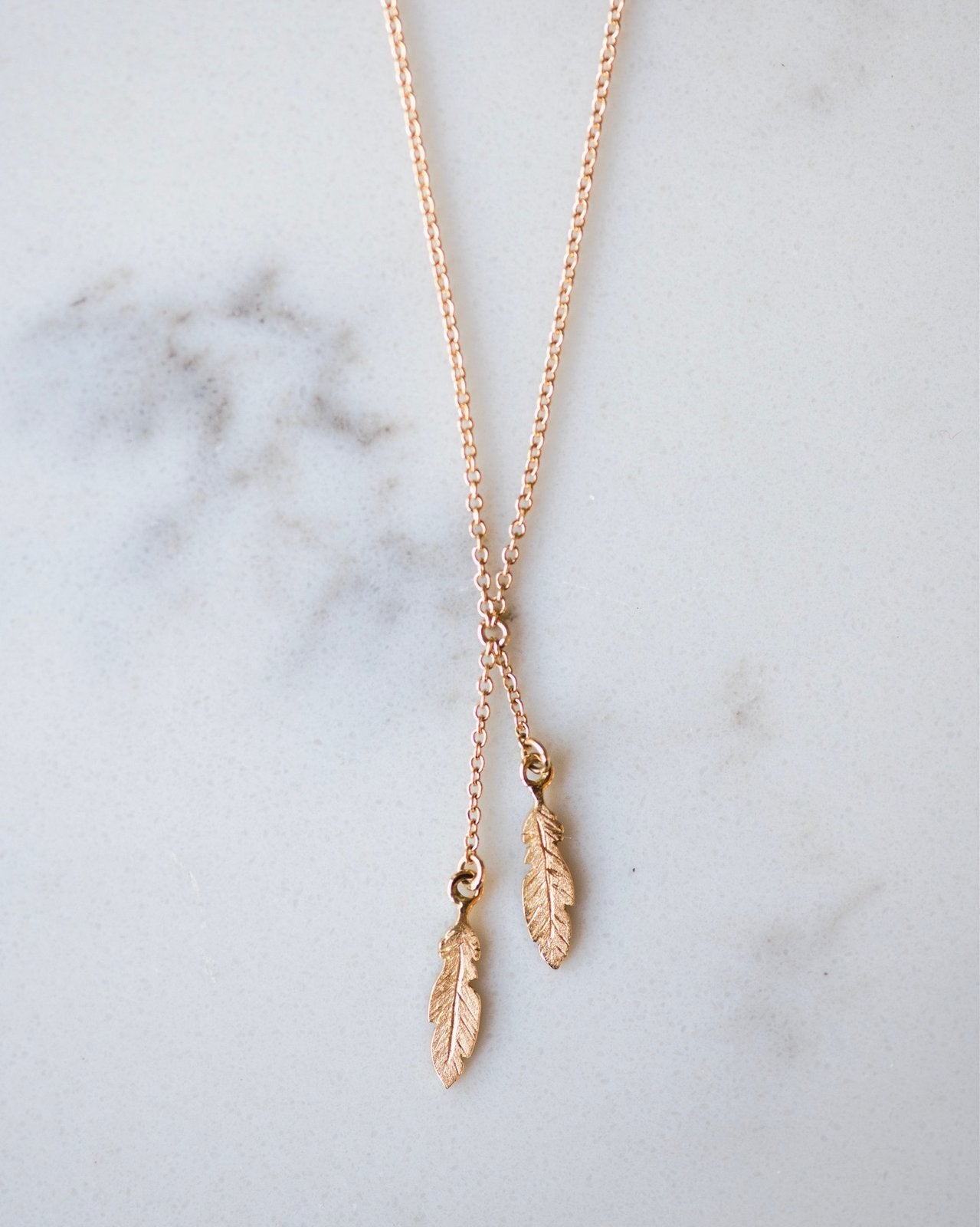 18K Gold Feather Lariat Necklace