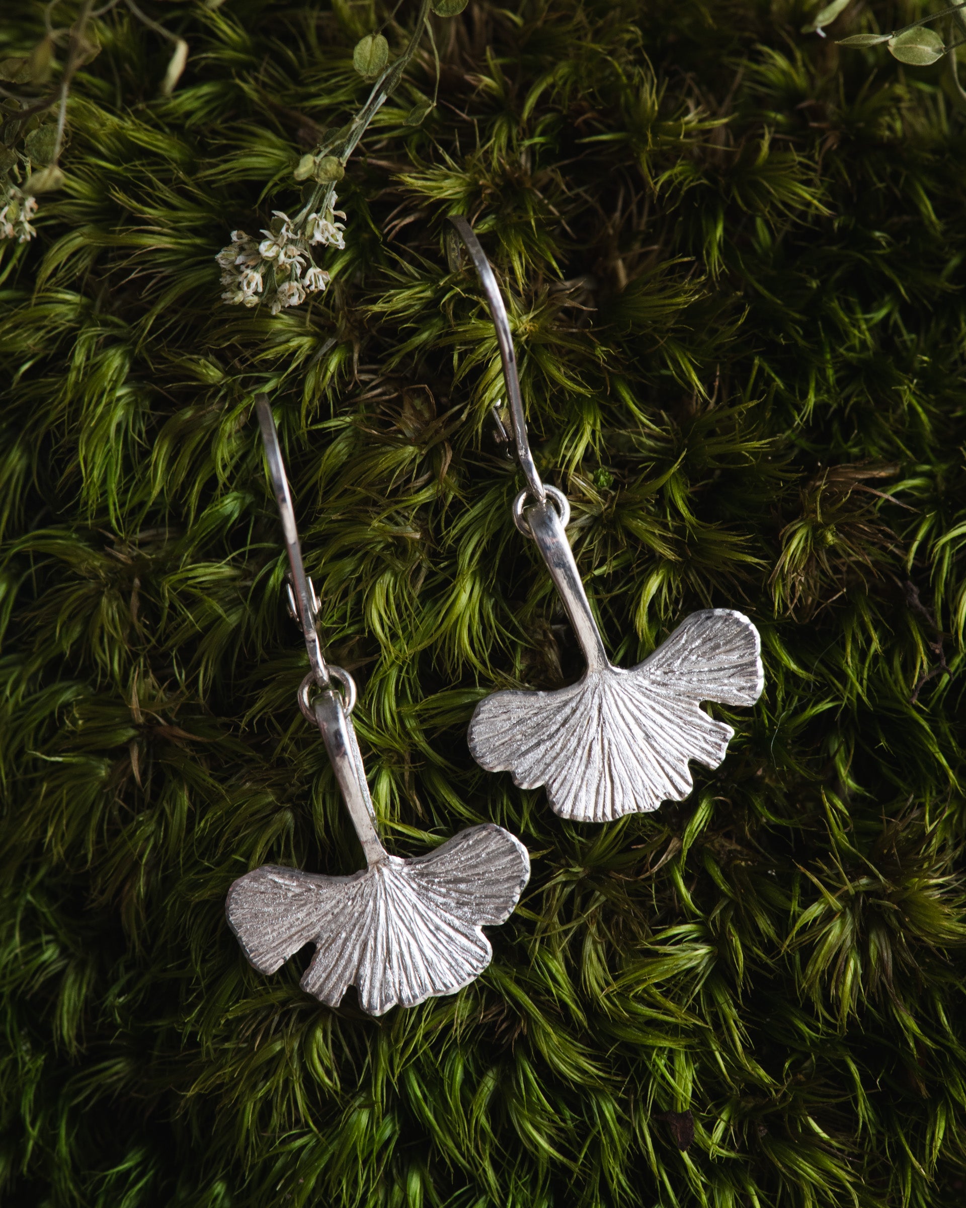 Silver ginkgo leaf earrings on a green moss background