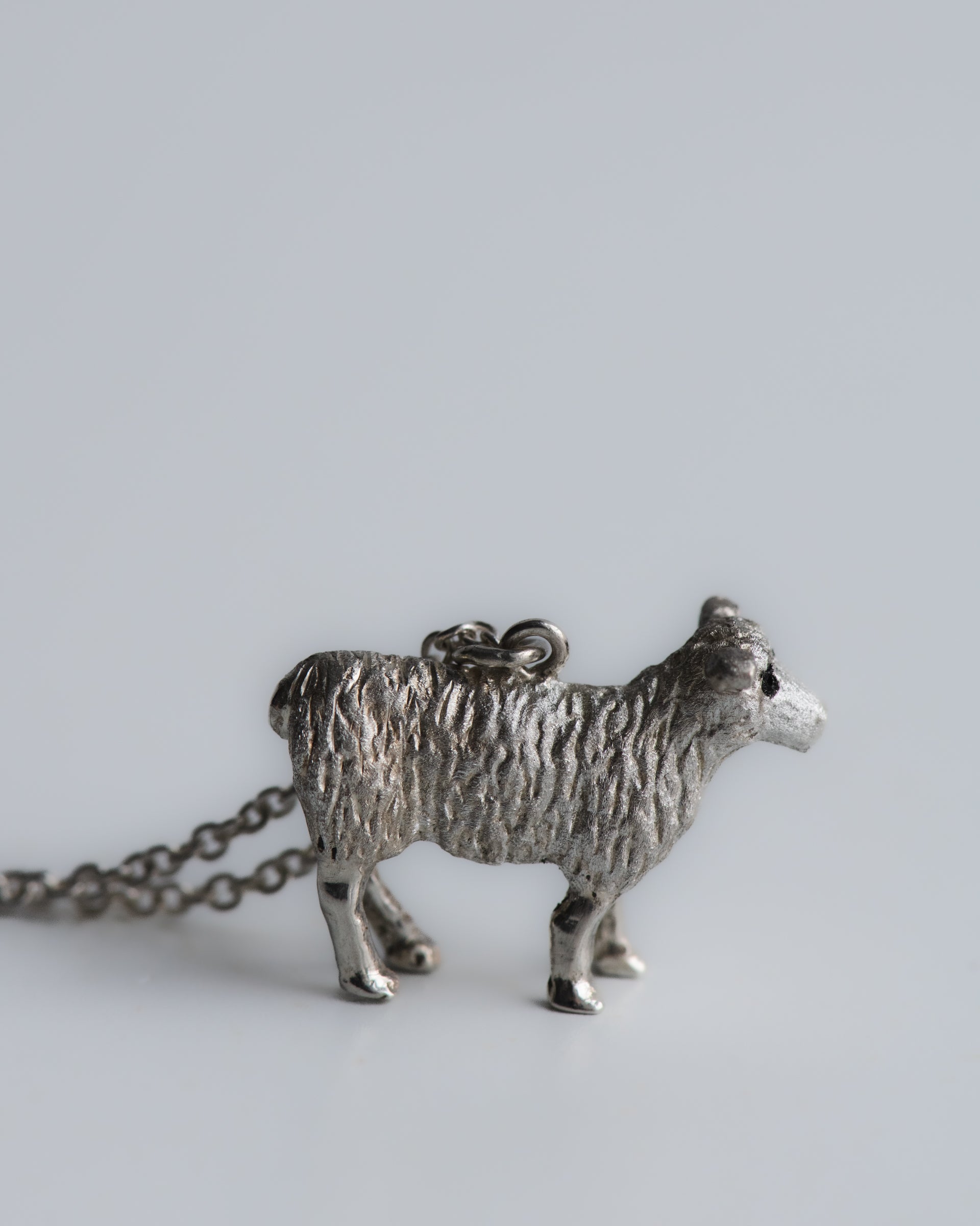 Silver sheep pendant on a chain against a light gray background