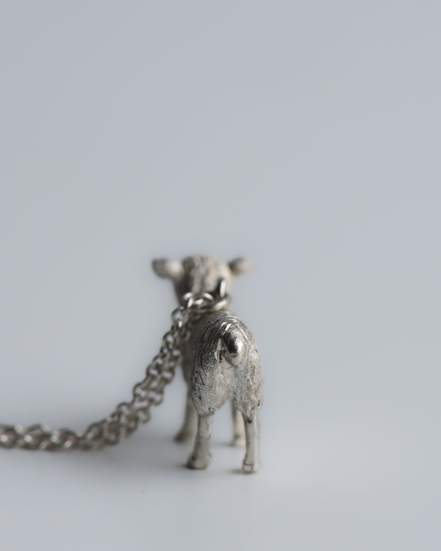 Silver sheep pendant on a chain against a light gray background
