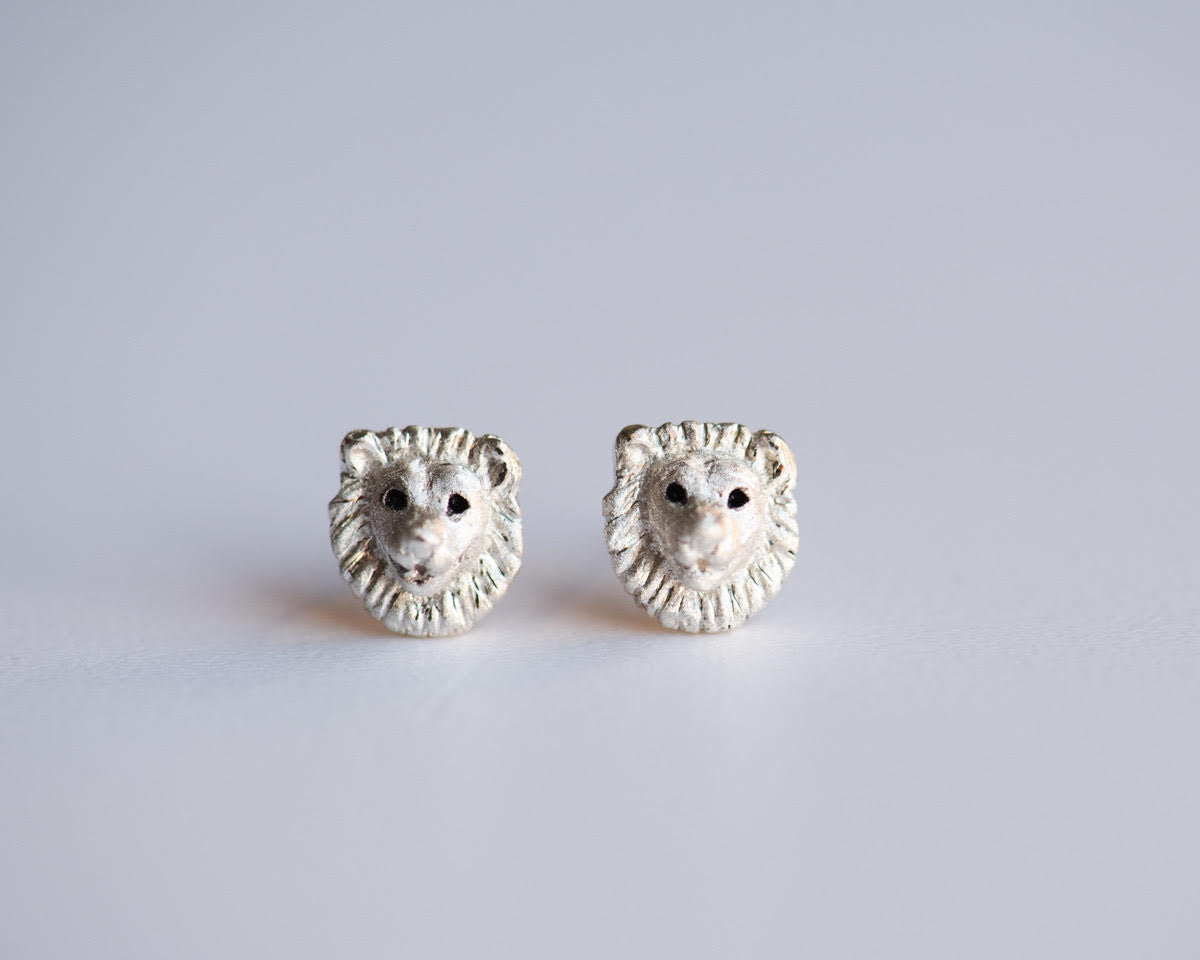 Lion Head Stud Earrings in Sterling Silver