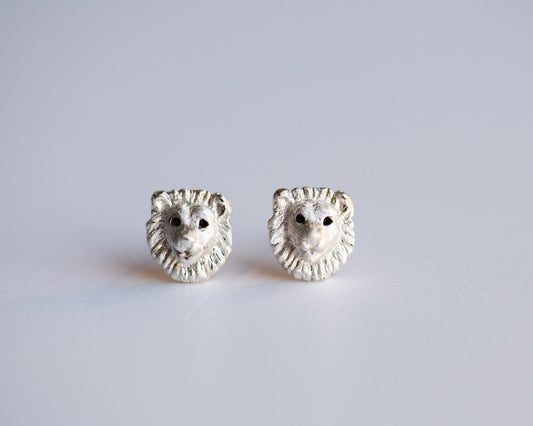 Lion Head Stud Earrings in Sterling Silver